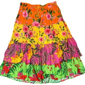 Avani del Amour Tiered Maxi Skirt Tropical Floral Print Patchwork 2X Boho Pink